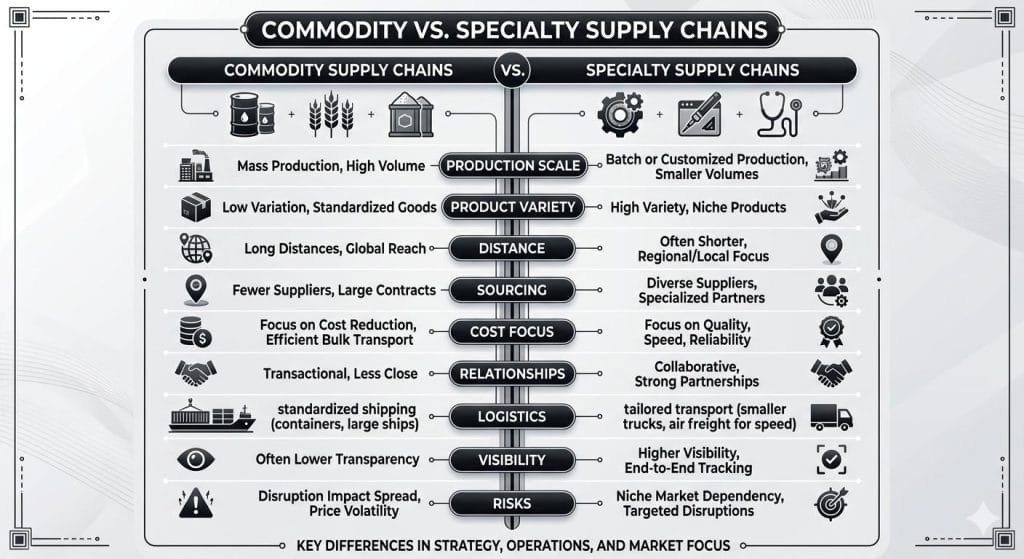 What is Specialty Coffee? The Ultimate Guide to the 80+ Point Standard 2 Comparison infographic showing Commodity vs. Specialty supply chains