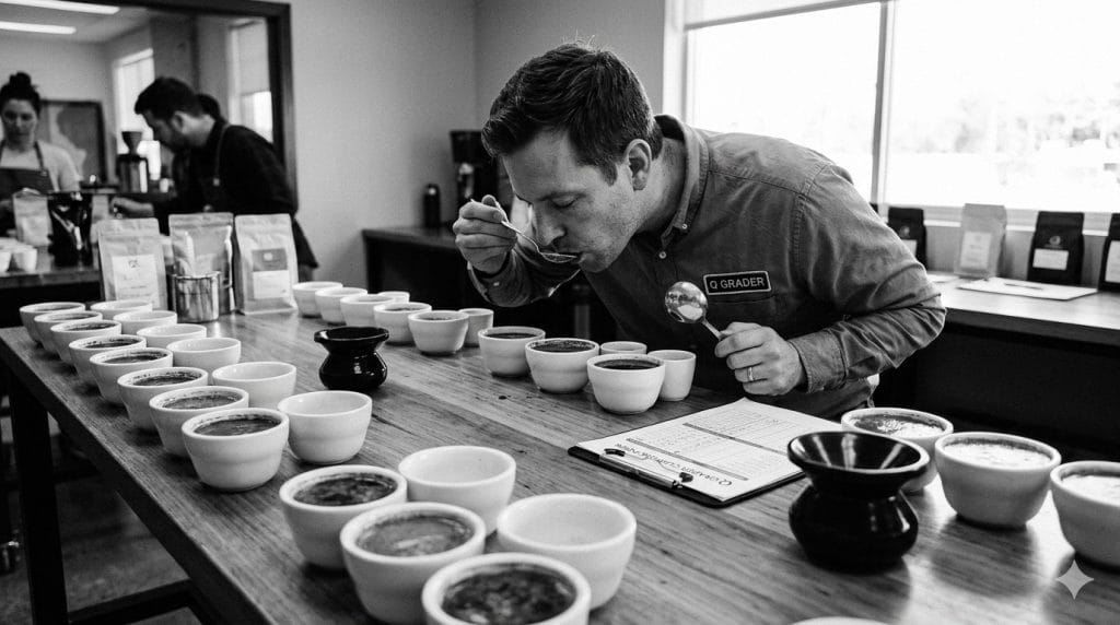 What is Specialty Coffee? The Ultimate Guide to the 80+ Point Standard 1 A Q Grader performing a cupping session with rows of coffee cups